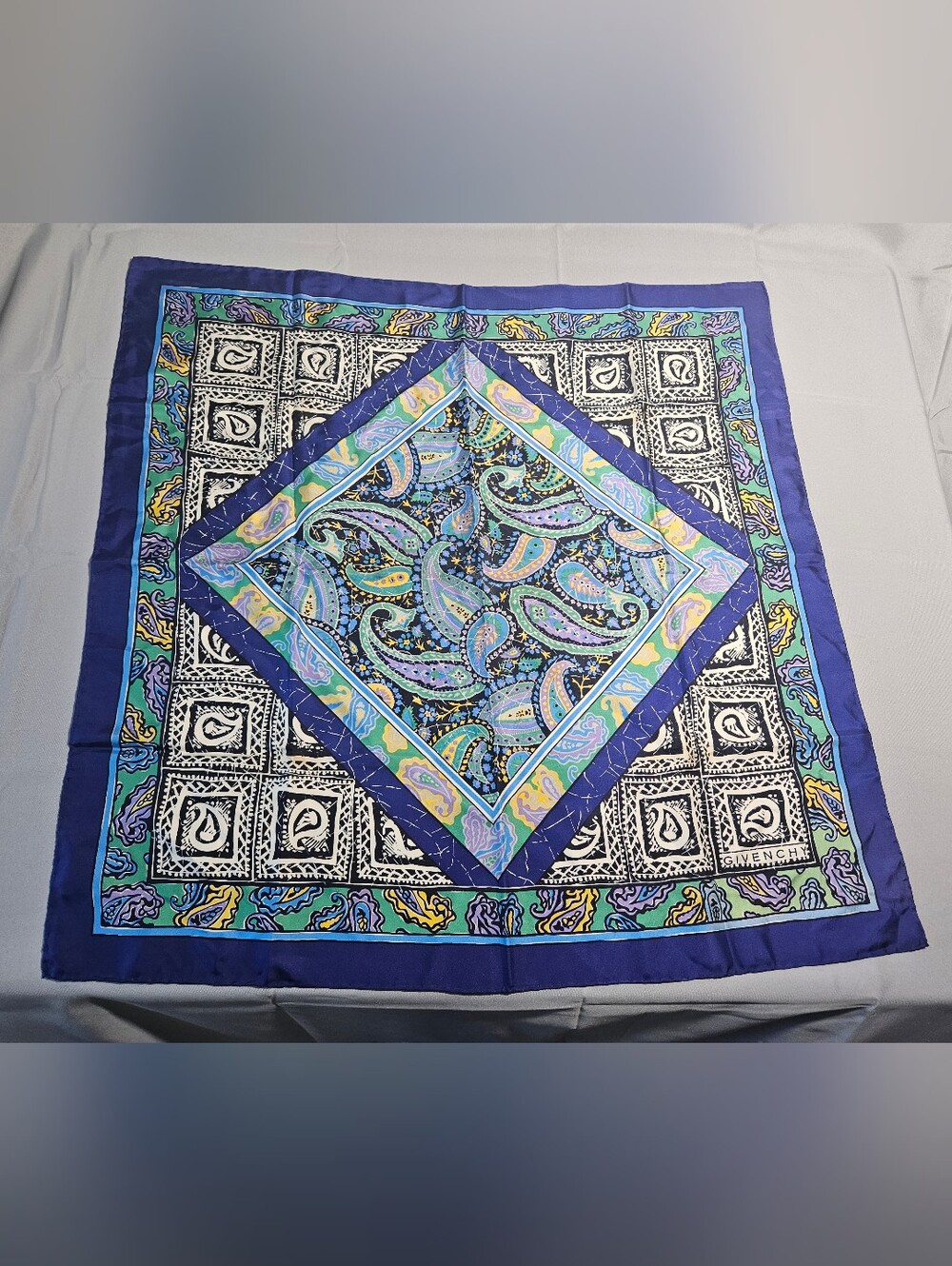 Givenchy VTG Designer Hand Rolled Blue Large Square Silk Scarf Bag Charm Shawl